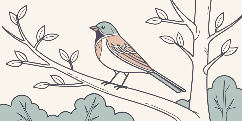 A cartoon bird on a branch in a yard, a result of knowing how to collapse gopher tunnels.