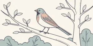 A cartoon bird on a branch in a yard, a result of knowing how to collapse gopher tunnels.