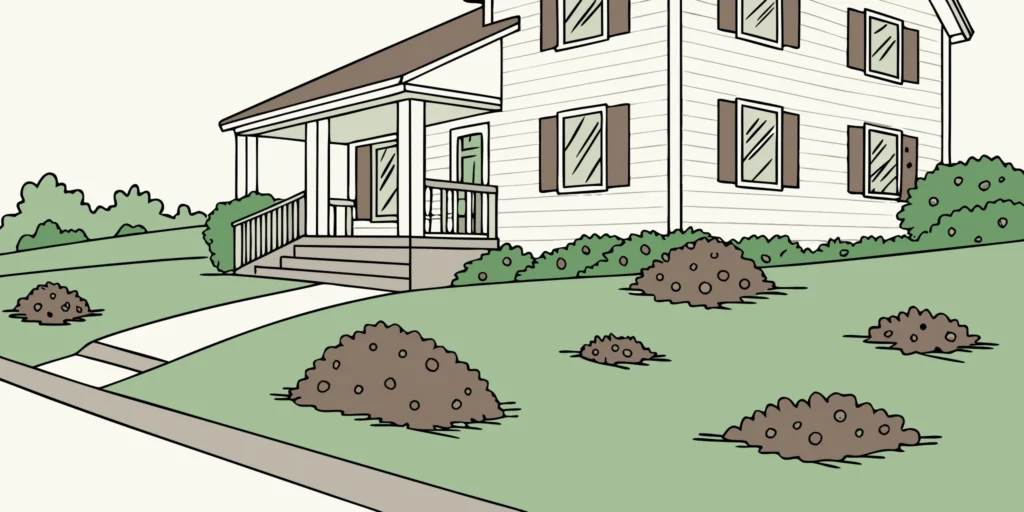 A yard destroyed by gopher mounds before learning how to get rid of gophers.