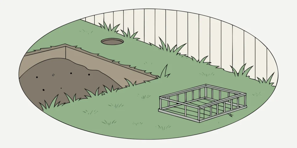 Gopher mound and mechanical gopher trap beside an exposed tunnel