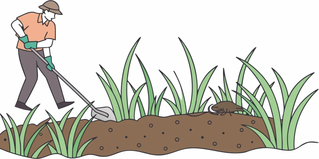 Using a shovel to set a mole trap in a lawn tunnel for killing moles.