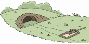 Mole tunnel and metal trap in a green lawn