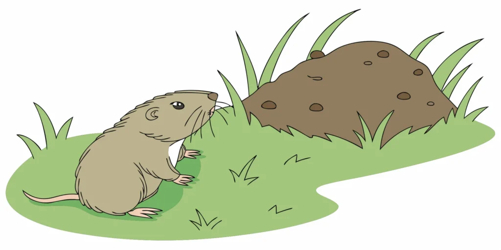 Pocket gopher beside a fresh soil mound in a lawn
