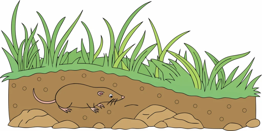 Cross-section showing what do moles eat beneath a lawn