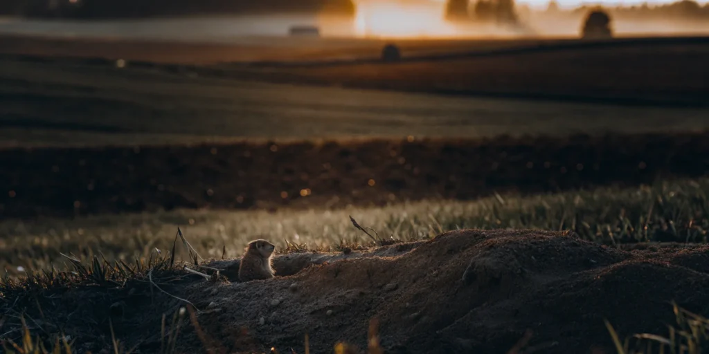 A gopher emerges from its burrow, showing the need for the best gopher trap in Omaha.