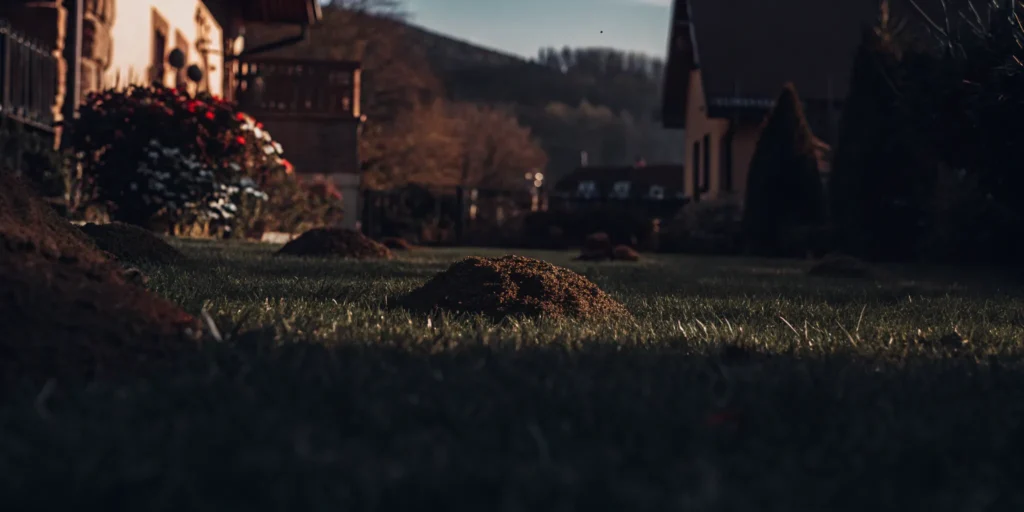 Fresh gopher mounds in a yard, the best location for setting a gopher tunnel trap.