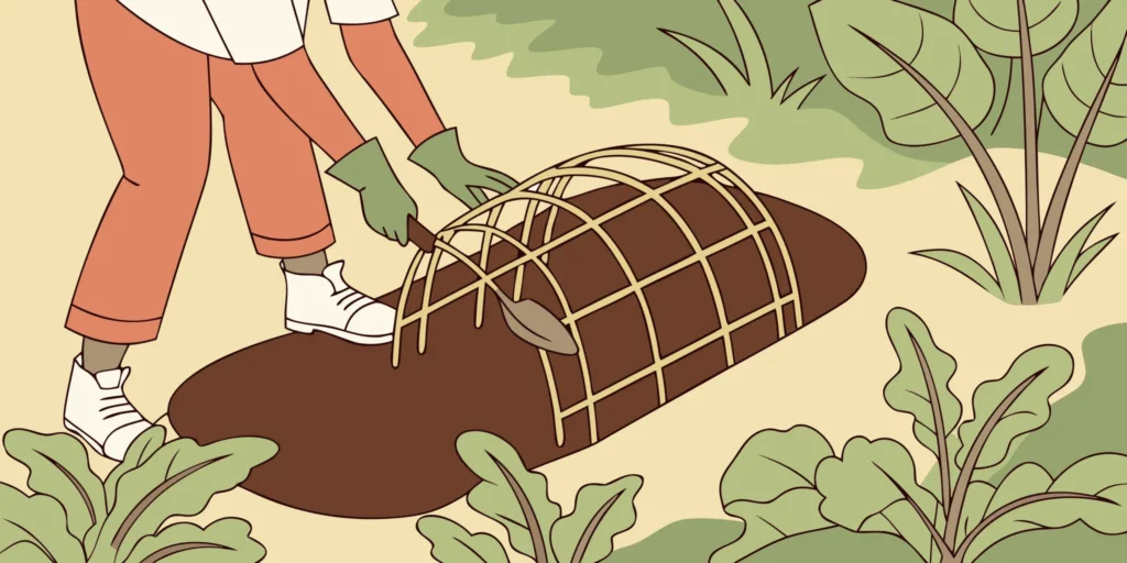 A gardener placing a Cinch gopher trap in a tunnel in a vegetable garden with warm sunlight filtering through leaves