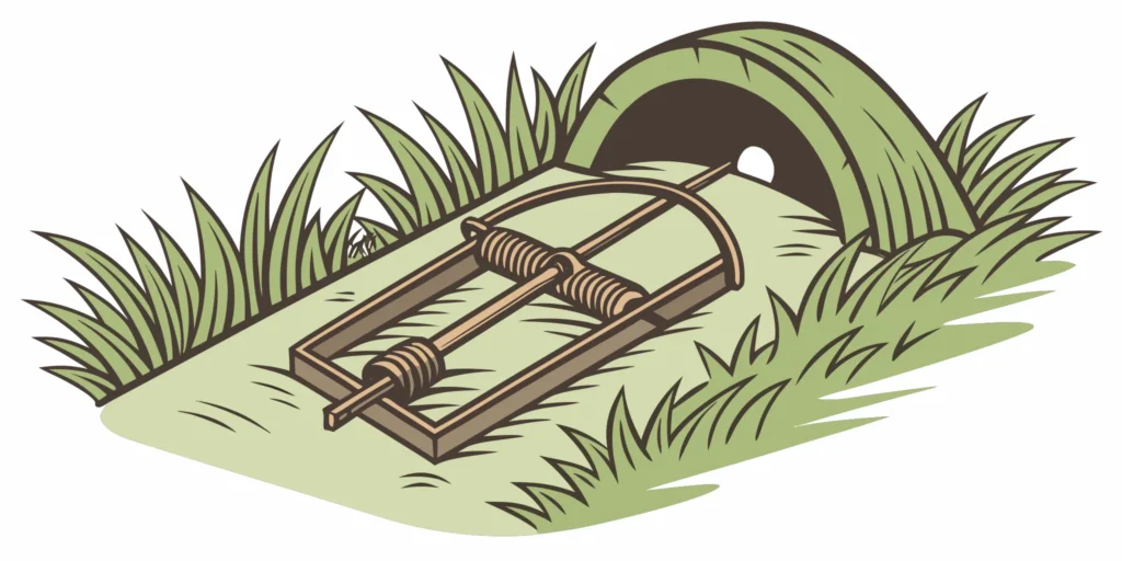 Cinch Traps American-made steel mole trap on grass near an active tunnel, outdoor setting