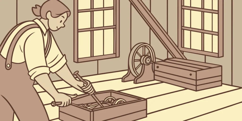 Vector illustration of an Oregon workshop with metal mole traps and galvanized steel, representing Don Sprague handmade American manufacturing tradition