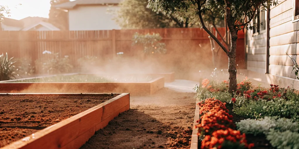 A yard with raised garden beds, an ideal place to set gopher traps for pest control.
