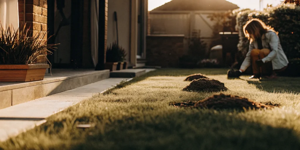 A person inspects gopher and mole mounds to learn how to get rid of them in the lawn.
