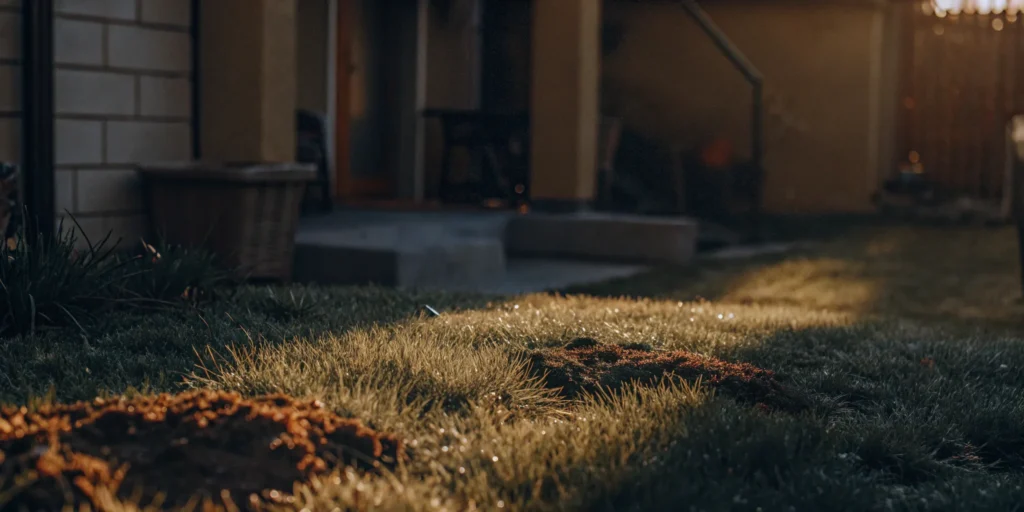 Fresh molehills on a lawn, the target area for a beginner using cinch traps.