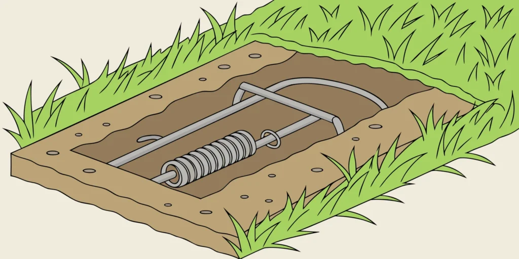 Cinch gopher trap placed in underground tunnel in a grassy lawn