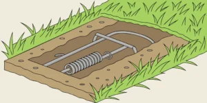 Cinch gopher trap placed in underground tunnel in a grassy lawn