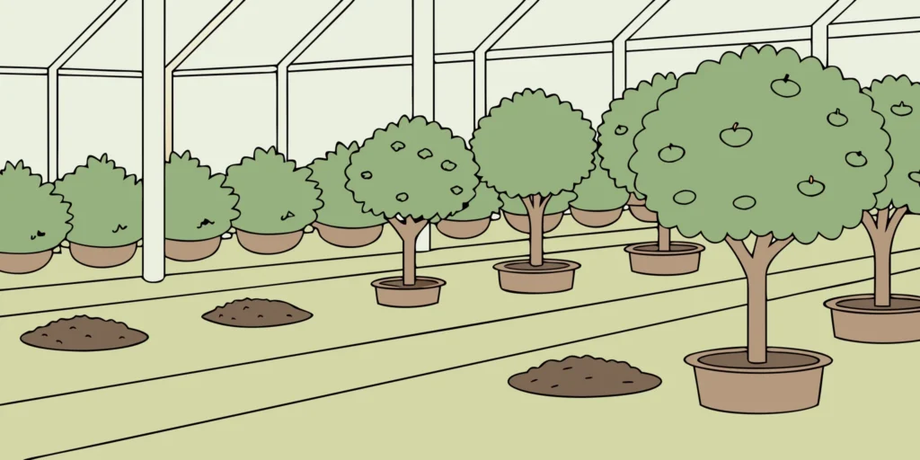 Garden center nursery with potted plants showing mole and gopher damage mounds