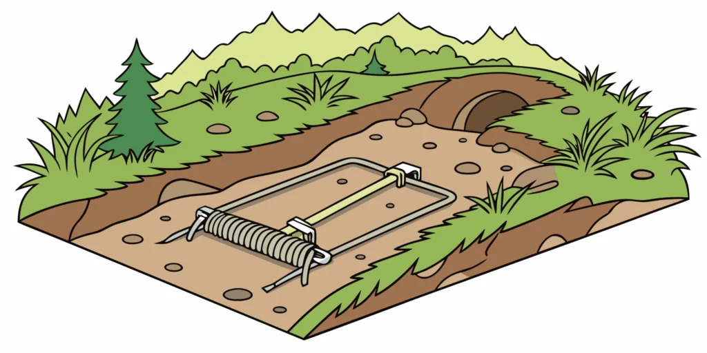 Oregon lawn with mole mounds and a Cinch trap placed in an active tunnel