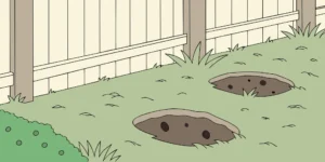 Fresh gopher mounds and tunnel openings in a green lawn