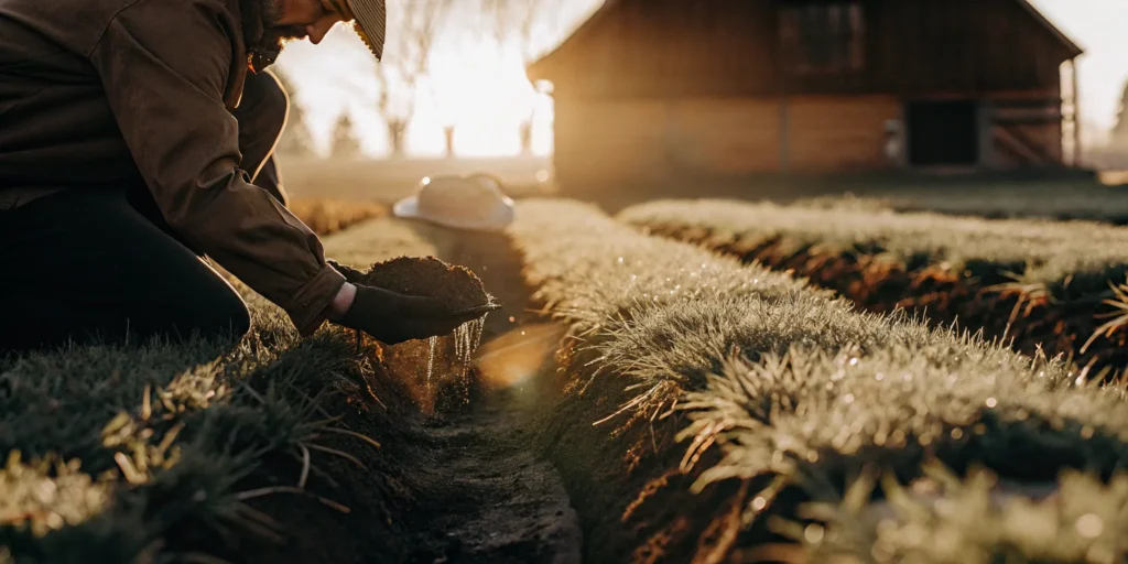 A person setting a cinch gopher trap in a garden tunnel.