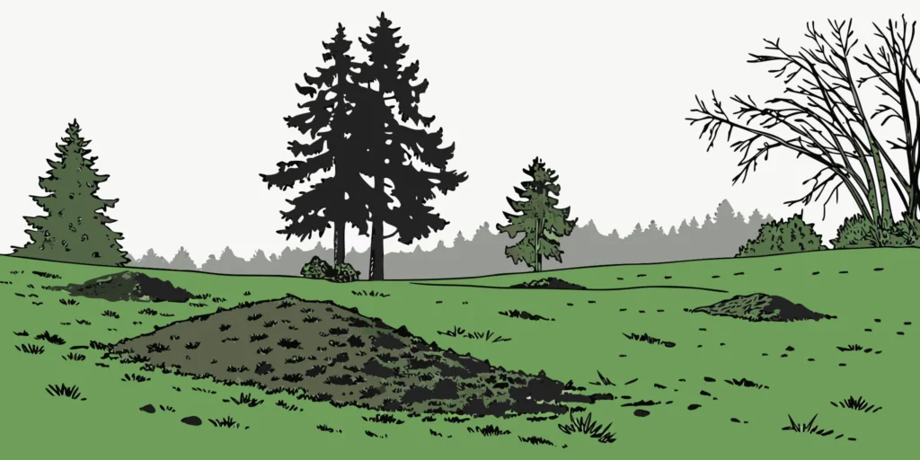 A lush green lawn in Washington state with visible mole tunnel ridges and mounds, Pacific Northwest landscape