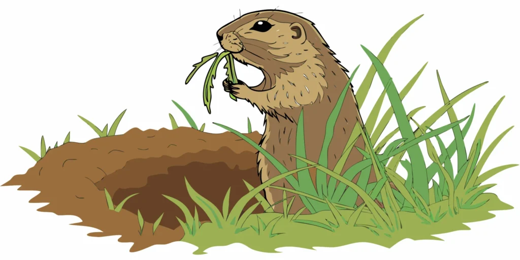 Gopher emerging from a dirt mound in a green lawn, holding a plant root in its mouth