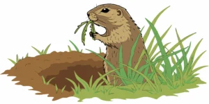 Gopher emerging from a dirt mound in a green lawn, holding a plant root in its mouth