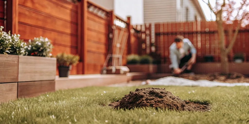 A person setting one of the best mole traps in a lawn damaged by moles.