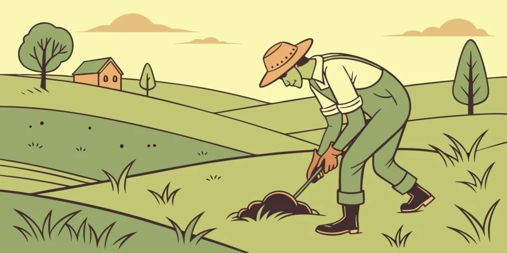 Landscaper setting a mole trap on a large rural farm property with rolling green acreage