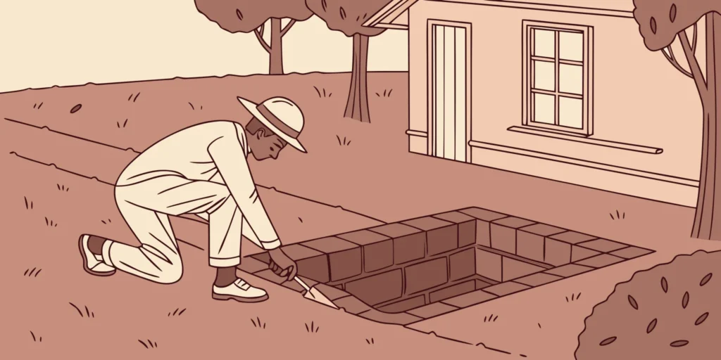 Illustration of a homeowner setting a mole trap in clay soil with dense reddish-brown ground