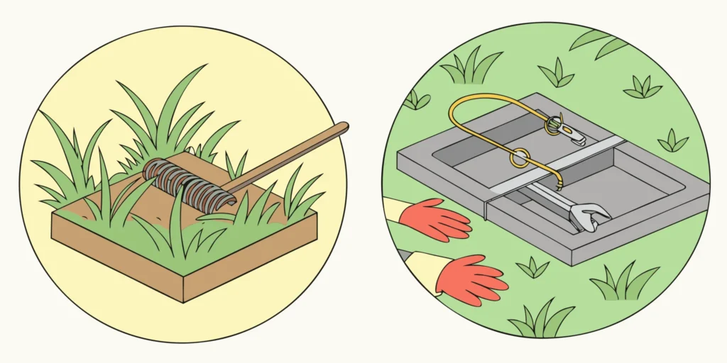 Comparison of two gopher traps including a Cinch scissor-action trap on grass in a garden setting
