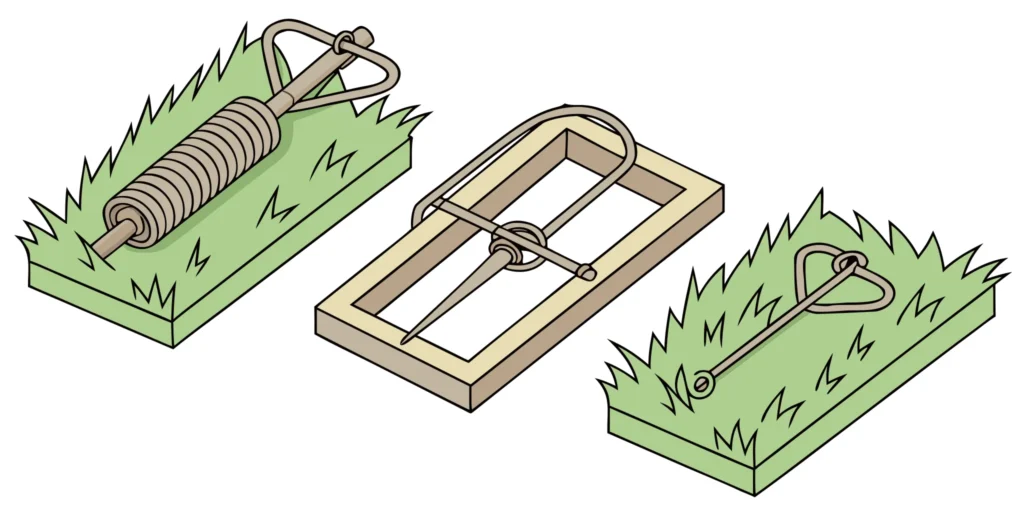 Three mole trap designs compared side by side: scissor-jaw, harpoon, and Cinch-style traps